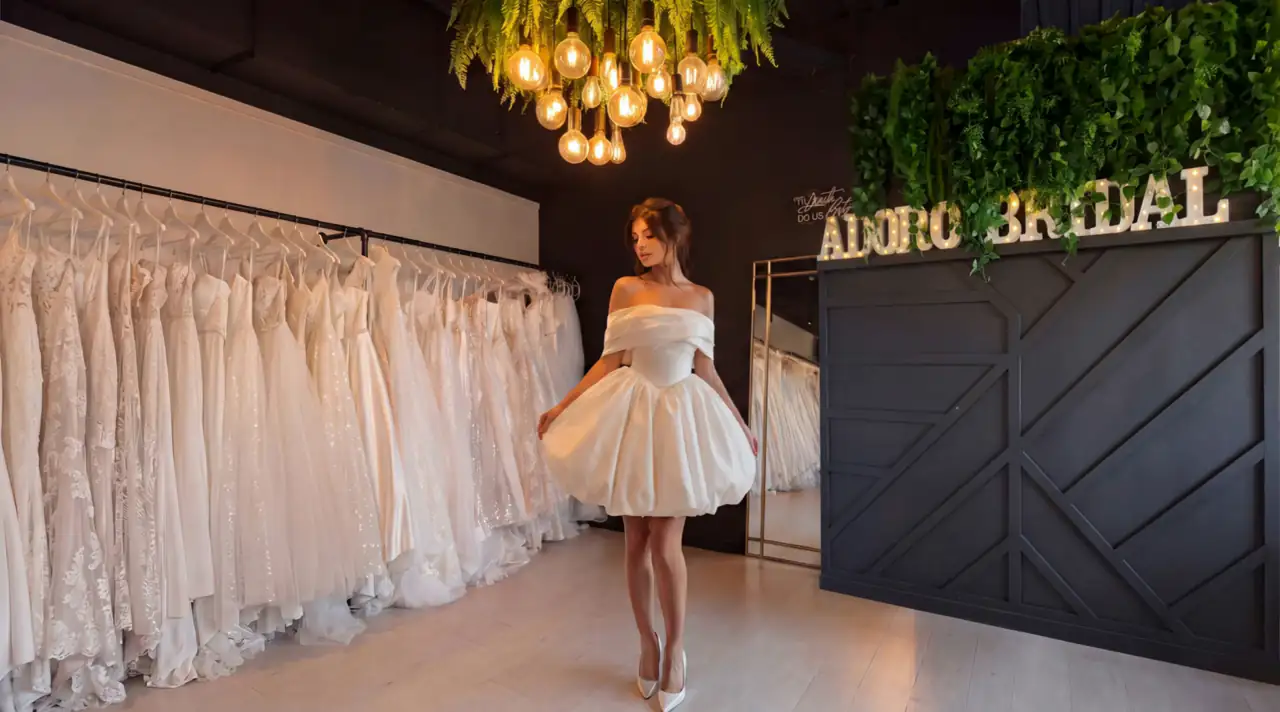 A bride in an ivory off-the-shoulder puff mini dress under the fern chandelier at Adoro Bridal, gown rails on the left and the Adoro Bridal sign wall on the right